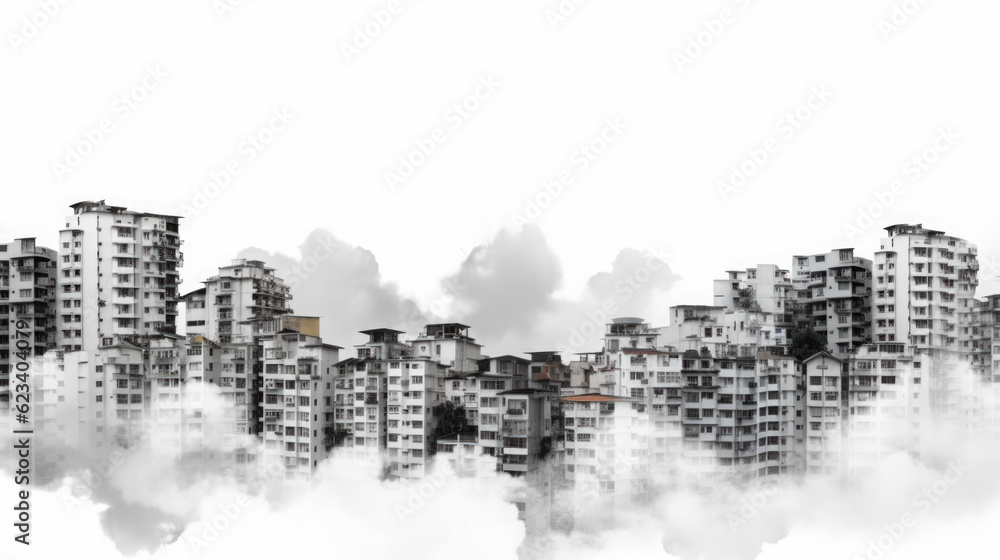 A black and white photo of a city with smoke coming out of it. Generative AI.