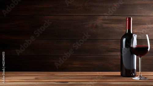 a bottle of red wine on a wooden background © PRI