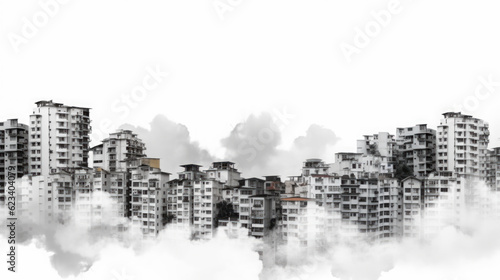 A black and white photo of a city with smoke coming out of it. Generative AI.