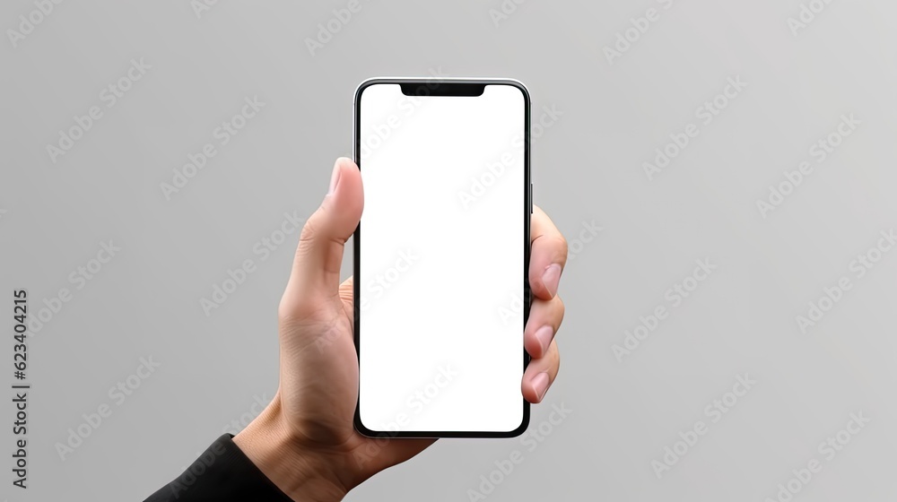 Man hand holding black smartphone with blank screen, isolated on solid background for phone mockup 