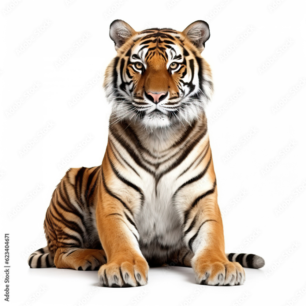 sitting tiger on isolated white background created with generative AI