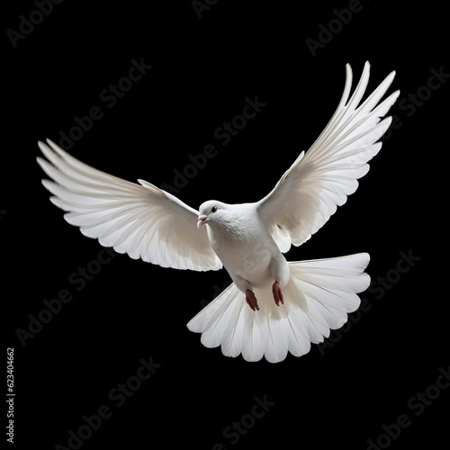 White dove flying isolated black background Created with GenAI Software