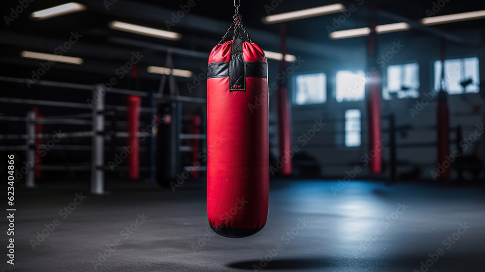 a boxing punching bag with a red rope hanging from it