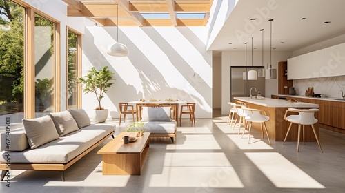 Bright rays of the summer sun illuminating the interior of a modern home, generative ai