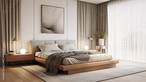 Calm and minimalist bedroom with a platform bed, sheer curtains, and a neutral color palette, generative ai © Creative Station