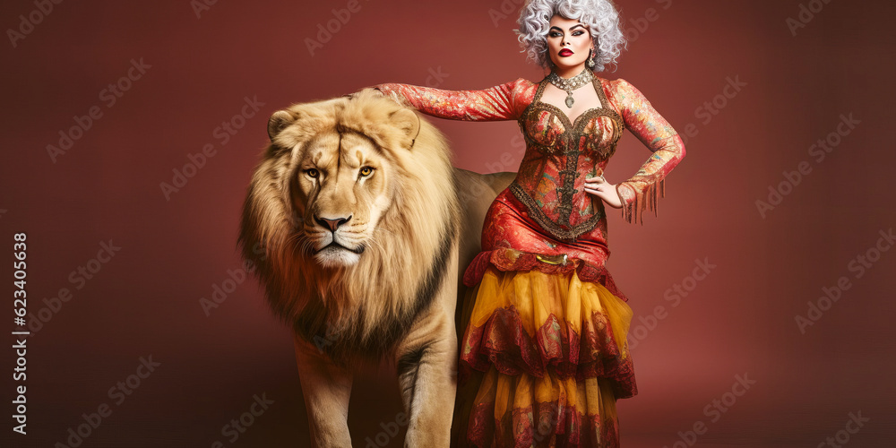 Fearless curvy woman in vintage circus attire taming a wooden lion, evoking strength, empowerment and charm. Ideal for projects requiring unique, nostalgic aesthetics. Generative AI