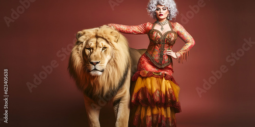 Fearless curvy woman in vintage circus attire taming a wooden lion  evoking strength  empowerment and charm. Ideal for projects requiring unique  nostalgic aesthetics. Generative AI