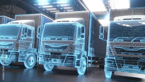 Technology Concept 3d render. Autonomic futuristic Euro semi truck with Cargo Trailer state at Night in garage with Sensors Scanning Surrounding. Special Effects of Self Driving Digitalizing Freeway photo