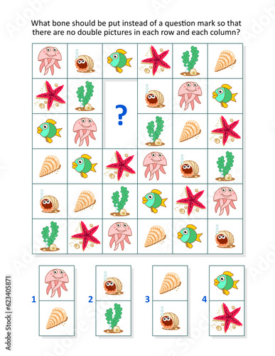 Picture domino sudoku game for kids with underwater creatures, shells and algae. 
