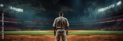 Baseball player in baseball arena stadium with copy space. Generative AI