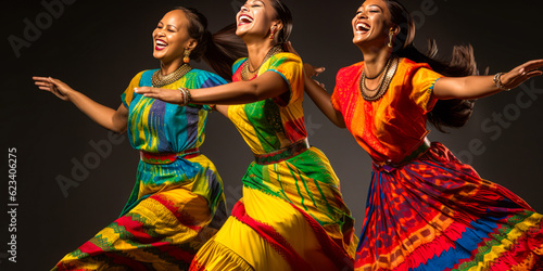 Vibrant young women in colorful attire, dancing in unison, radiating joy, unity and celebrating cultural diversity against a bright background. Generative AI