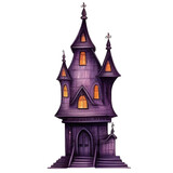 Big tall dark violet Halloween castle with bat illustration