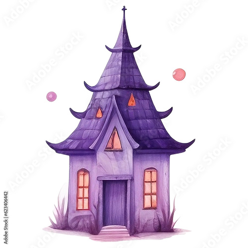 Big cute dark violet Halloween castle with bat illustration