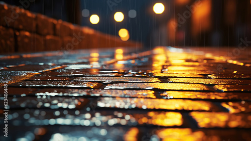 a wet brick road with lights and lights in the background