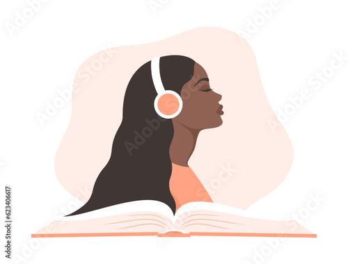 Black woman listening to an audiobook. Side portrait of a young african or african american woman in headphones over an open book. Flat vector illustration