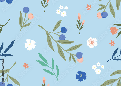 Fruit and flower hand drawn illlustration seamless pattern on blue blackground -Blueberry
