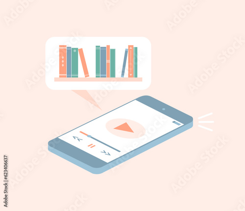 Isometric smartphone with audiobook app on screen and bookshelf in speech bubble above it. Flat vector illustration