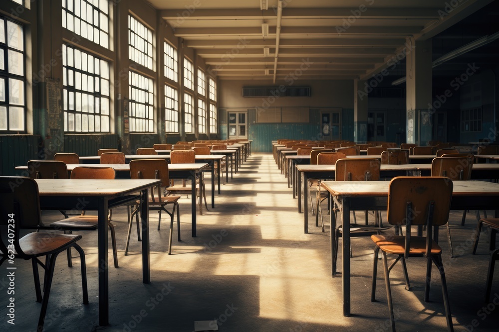 old empty classroom or auditory with desks and chairs, Generative AI