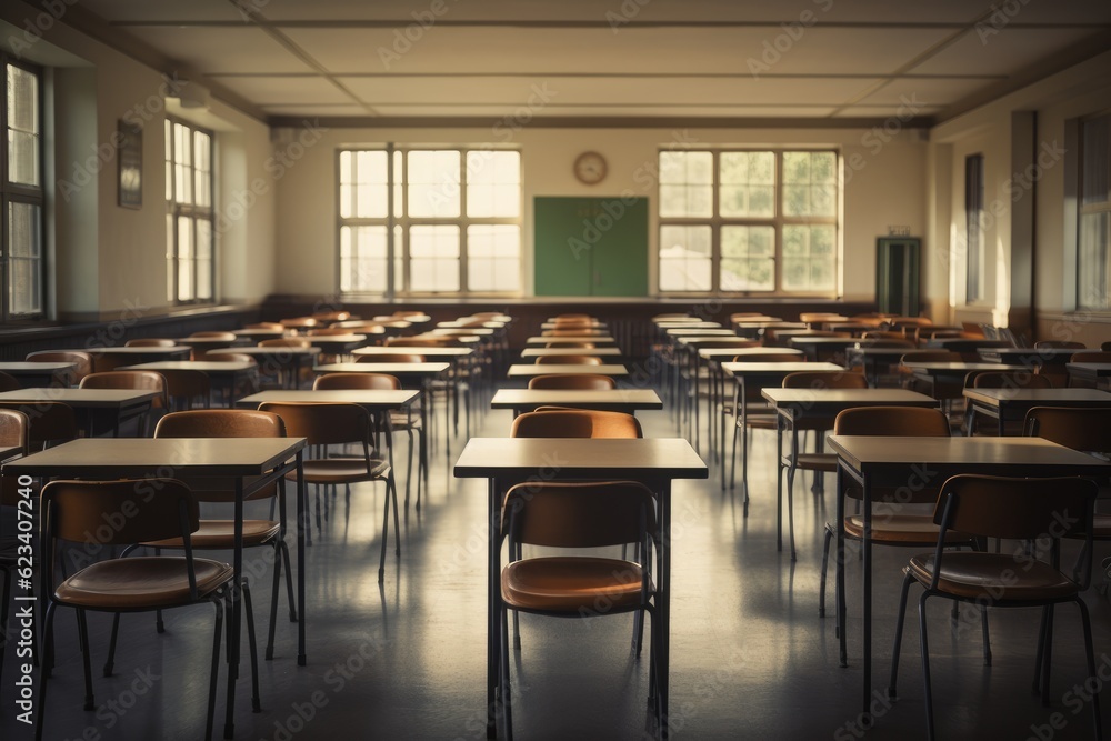 empty classroom or auditory with desks and chairs, blurred background, Generative AI empty classroom or auditory with desks and chairs, blurred background, Generative AI