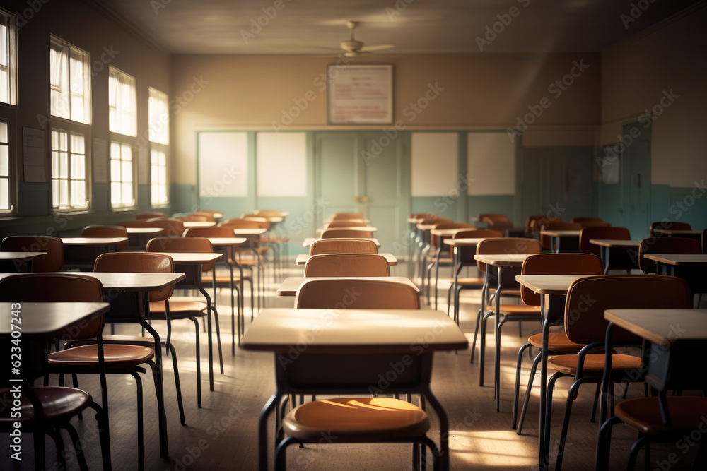 empty classroom or auditory with desks and chairs, blurred background, Generative AI