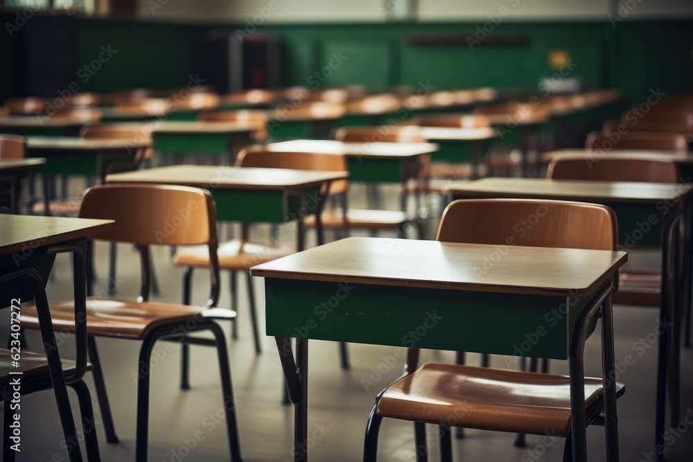 classroom or auditory with desks and chairs, blurred background, Generative AI classroom or auditory with desks and chairs, blurred background, Generative AI