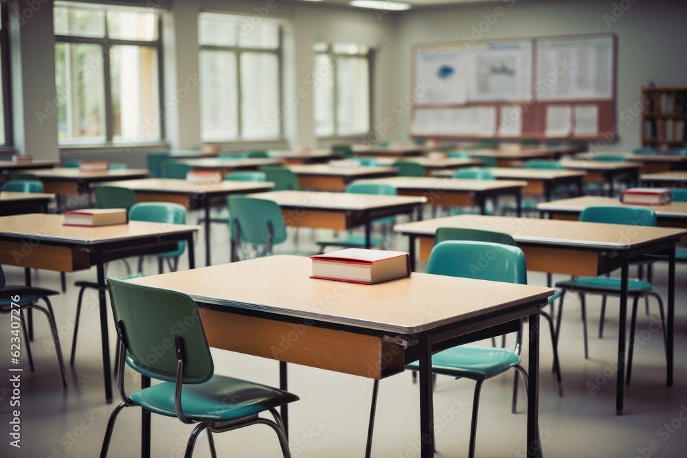 classroom or auditory with desks and chairs, blurred background, Generative AI