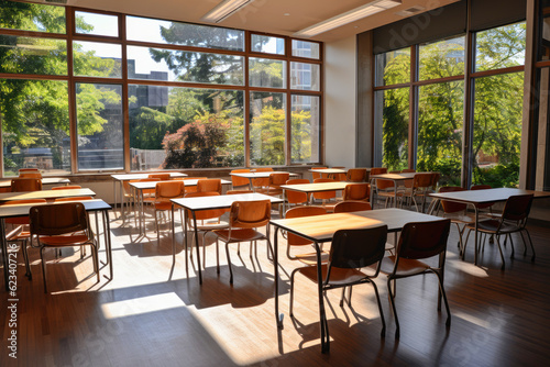 a spacious bright light empty classroom or auditorium, with green trees outside in the background, Generative AI © gankevstock