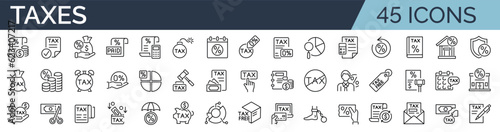 Set of 45 outline icons related to taxes, taxation. Linear icon collection. Editable stroke. Vector illustration photo