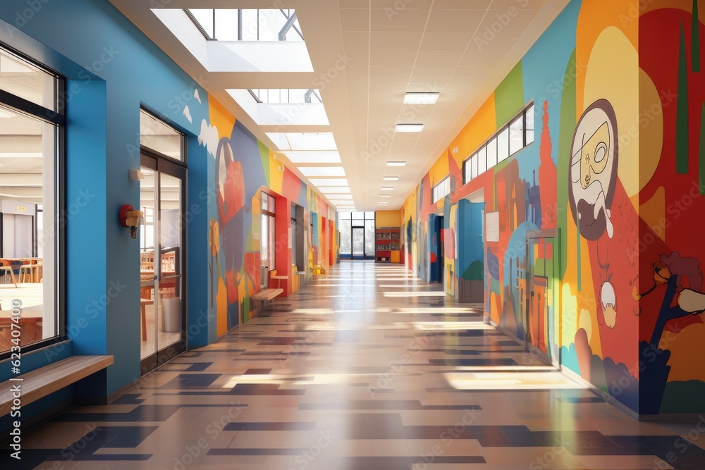 a school corridor with brightly painted walls as a symbol of diversity in a modern school, Generative AI a school corridor with brightly painted walls as a symbol of diversity in a modern school, Generative AI
