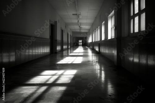 b w empty dark school corridor with sunlight coming through the windows  Generative AI