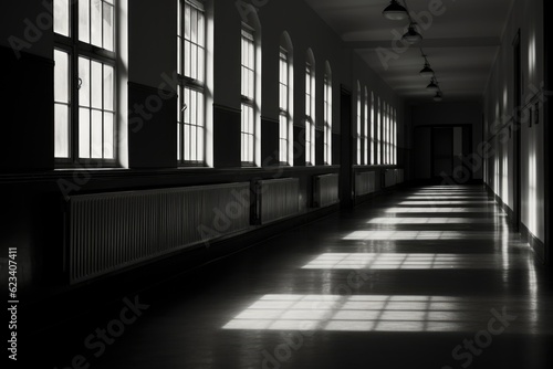 b&w empty dark school corridor with sunlight coming through the windows, Generative AI