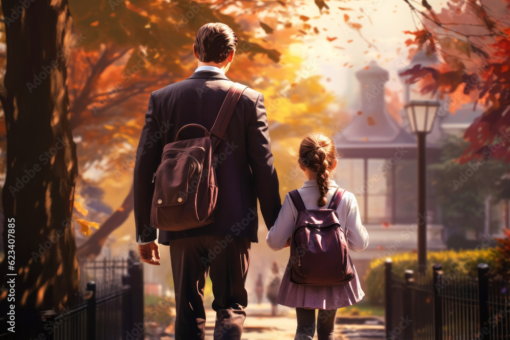 father and little daughter walking to elementary school hand in hand together, Generative AI