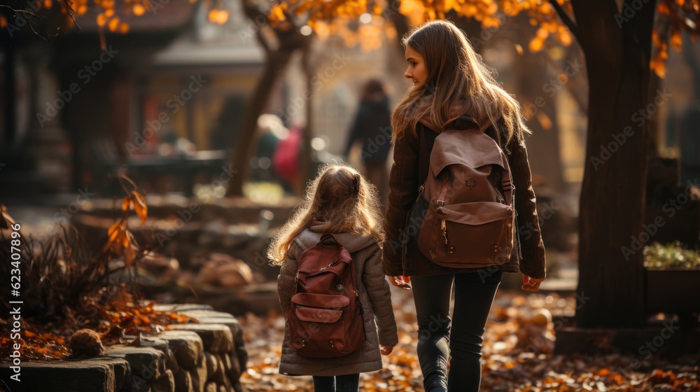 Mother and daughter walking in the autumn park. Back to school. Generative AI.