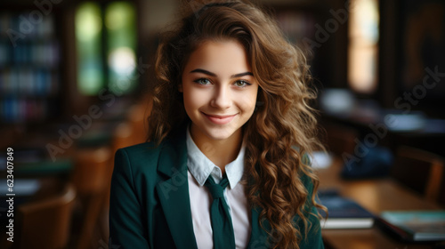Portrait of beautiful young student girl with curly hair in green jacket school uniform. Generative AI.