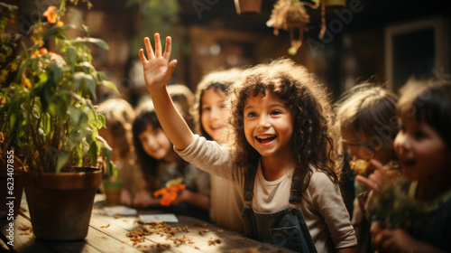 Group of children playing with plants in the school garden. Generative AI.