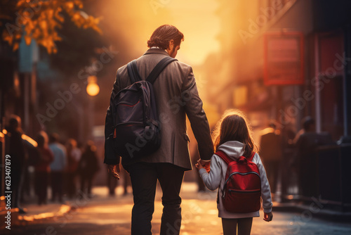 father and little daughter walking to elementary school hand in hand together, Generative AI