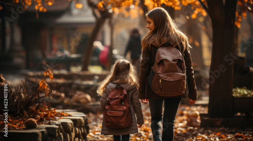 Mother and daughter walking in the autumn park. Back to school. Generative AI.