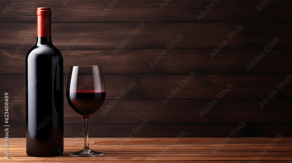 a bottle of red wine on a wooden background