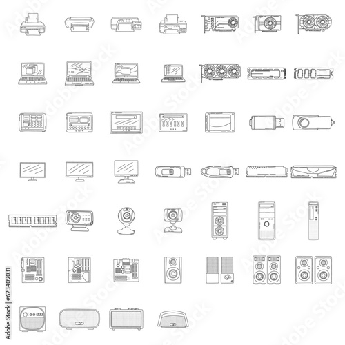 Hand drawn vector doodles. Doodle icon set isolated of Computer and Gadgets