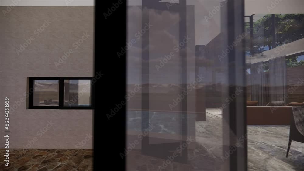 Modern house, exterior, with pool, garden, and patio area. 3D video. Modern house, exterior, with pool, garden, and patio area. 3D video.