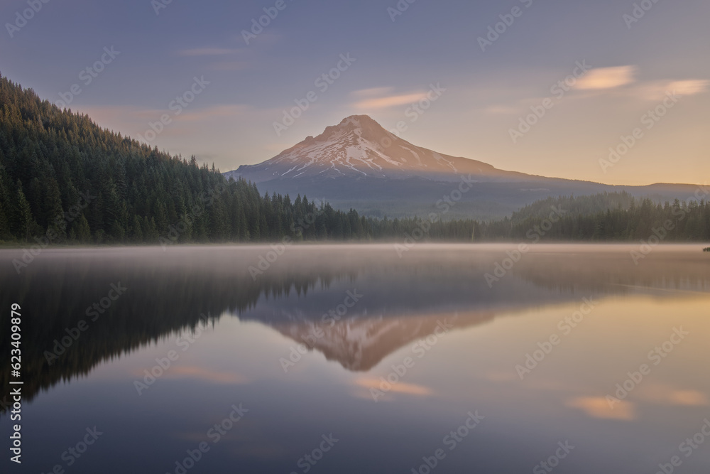 Cascade Range's Mount Hood Reflected in Trillium Lake During Sunrise