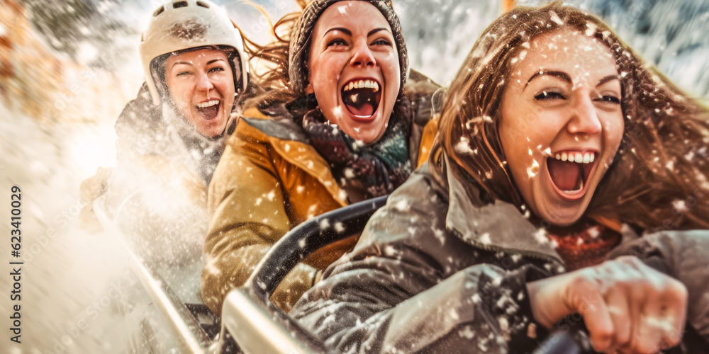 Exhilarating capture of three adventurous women, joyfully descending a snowy slope on a toboggan. Blurred, action-filled background highlights extreme winter sport and friendship. Generative AI - obrazy, fototapety, plakaty 