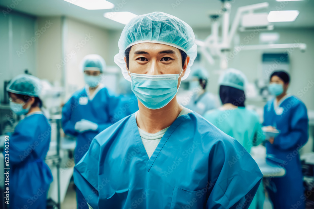 Portrait of japanese surgeon with mask in operating room at hospital. Generative AI. Portrait of japanese surgeon with mask in operating room at hospital. Generative AI.