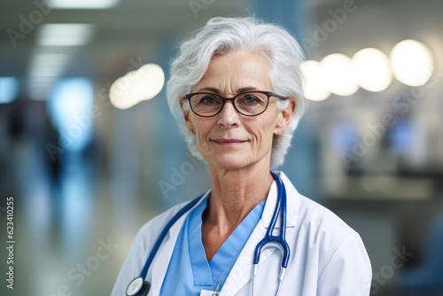 Mature female doctor with glasses portrait smiling at the hospital. Generative AI.