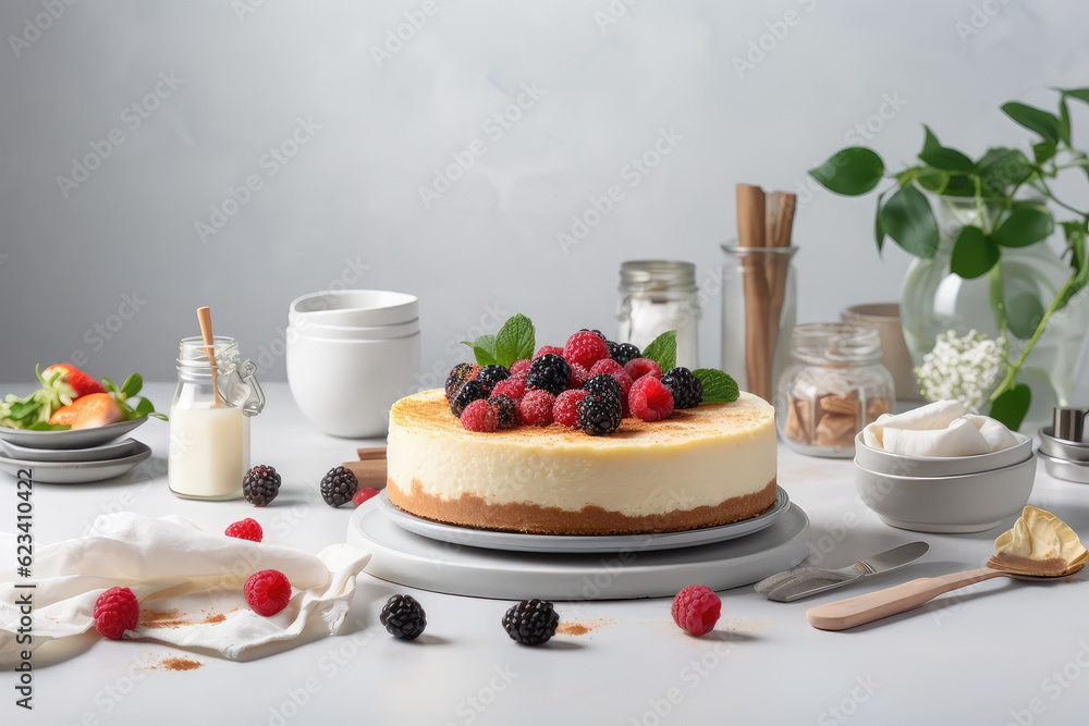 Classic New York cheesecake with fresh berries and leaves against a bright white kitchen in the sunshine. Cheesecake composition for a restaurant menu. Generative AI professional photo imitation.