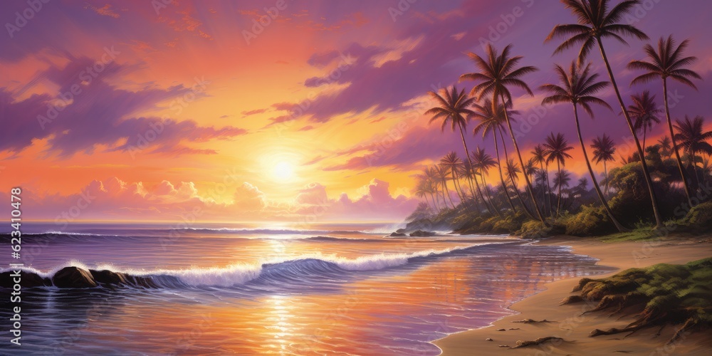 : A Breathtaking Beach Sunset Painting the Sky with Orange and Pink Hues - Embracing Romance and Tranquility - Capturing the Ethereal Beauty of a Beach Sunset   Generative AI Digital Illustration