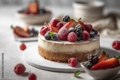 Classic New York cheesecake with fresh raspberry berries against a bright white kitchen in the sunshine. Cheesecake composition for a restaurant menu. Generative AI professional photo imitation.