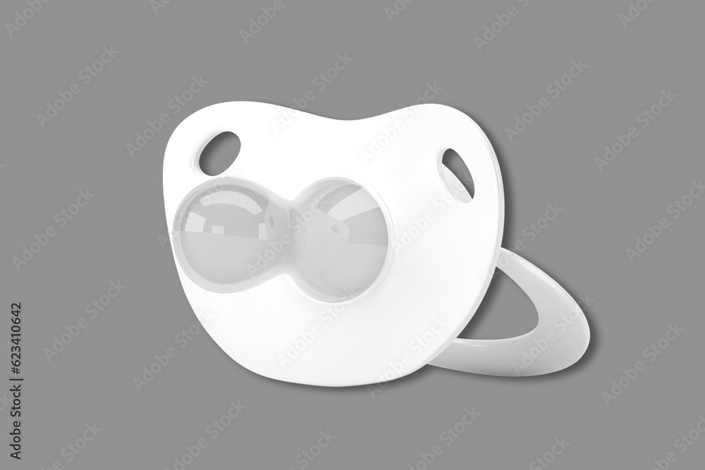 Blank white pacifier made of soft silicone isolated on a grey background side view, nobody.3d rendering. Blank white pacifier made of soft silicone isolated on a grey background side view, nobody.3d rendering.