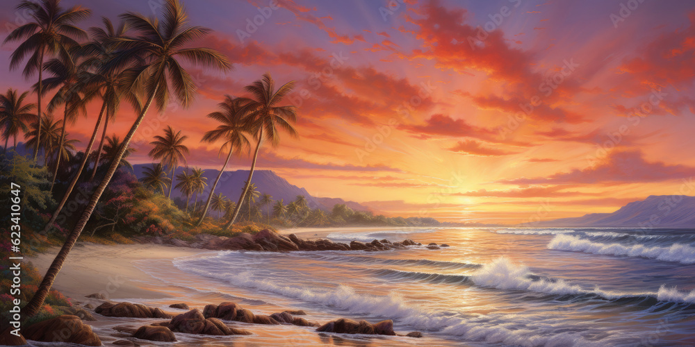 : A Breathtaking Beach Sunset Painting the Sky with Orange and Pink Hues - Embracing Romance and Tranquility - Capturing the Ethereal Beauty of a Beach Sunset   Generative AI Digital Illustration