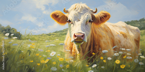  Peacefully Roaming a Lush Green Meadow, Adorned with Wildflowers - Radiating Tranquility and Serenity - Capturing the Gentle Elegance of a Majestic Fluffy Cow Generative AI Digital Illustration